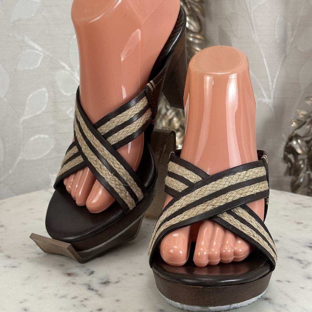 Cole Haan Brown Leather Raffia Woven Straps Wooden Platform Block Heel Sandals
